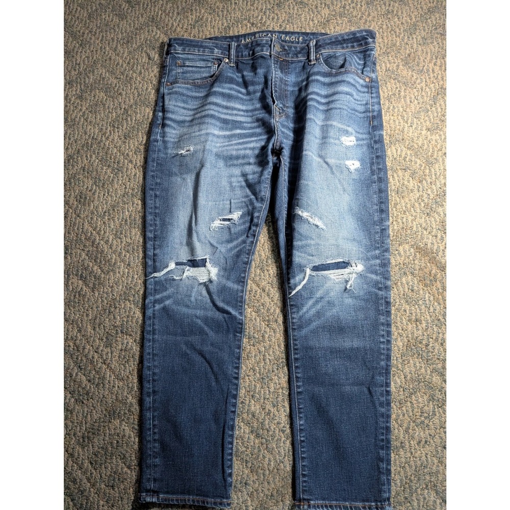 American Eagle Athletic Skinny Jeans Mens 38x30 Blue Distressed Airflex+ Denim